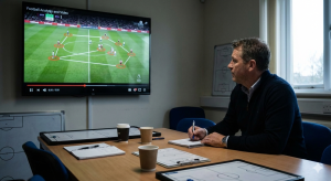 How AI Video Analysis Is Helping Football Teams Find New Talent 1 Professional football scout reviewing match footage with player tracking lines and movement analysis on a large screen.