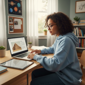 Real middle school student studying with modern technology and AI-supported learning tools.