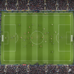Aerial view of professional football match with players in tactical formations and visible spacing between lines.