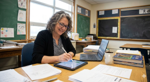 Real teacher working on lesson planning using a laptop or tablet in a natural professional environment.