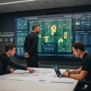 Professional football coach analyzing tactical data, heat maps, and player movement on a large screen in a team analysis room.