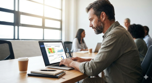 Professional human working on laptop with AI data dashboards visible on screen in a modern realistic office environment.