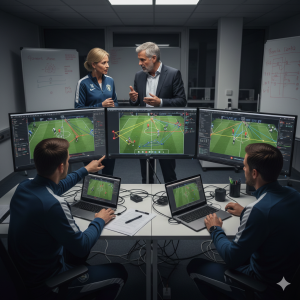 Football analysts reviewing match footage with tactical lines and player positioning overlays on multiple monitors in a professional analysis room.