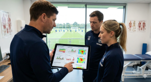 Football medical staff and coach reviewing player injury risk data, workload graphs, and fatigue indicators on a digital tablet in a training facility.