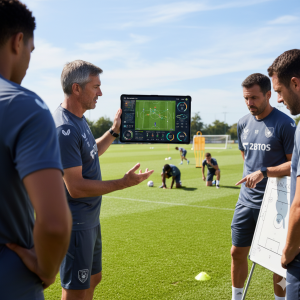 Football coaching staff reviewing AI tactical analysis and match simulation data on a tablet at a training ground with players.