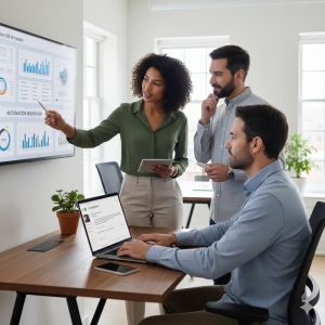 Real human professionals collaborating with modern technology tools in a natural office environment